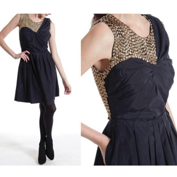 3.1 Phillip Lim Silk Pleated Gold Sequin Asymmetric Fit & Flare Cocktail Dress 2 - Picture 1 of 16